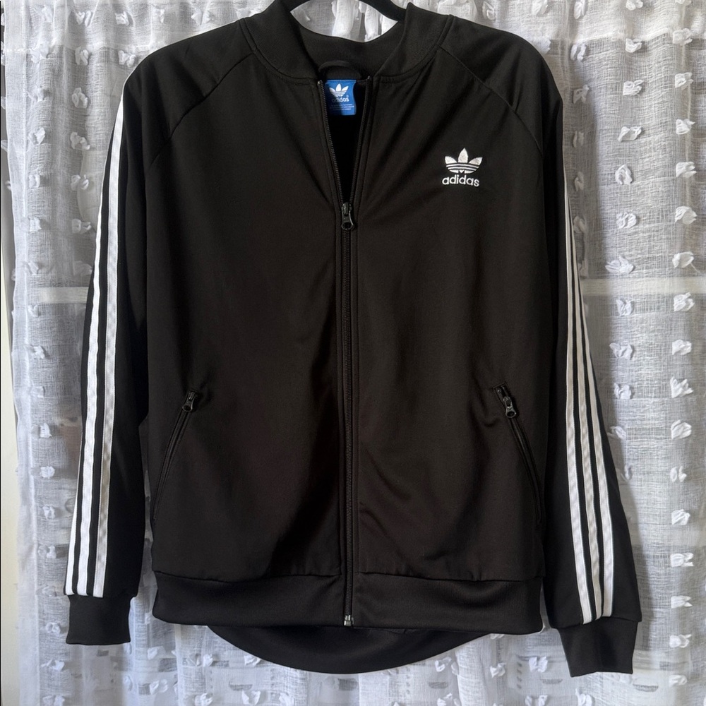 Women’s Adidas Black Track Jacket with White Accents Full Zip Side Pockets